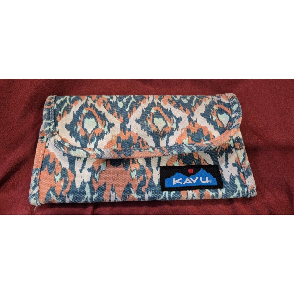 KAVU Big Spender Trifold Wallet Beach Paint Canvas Ikat Geometric Blue Orange